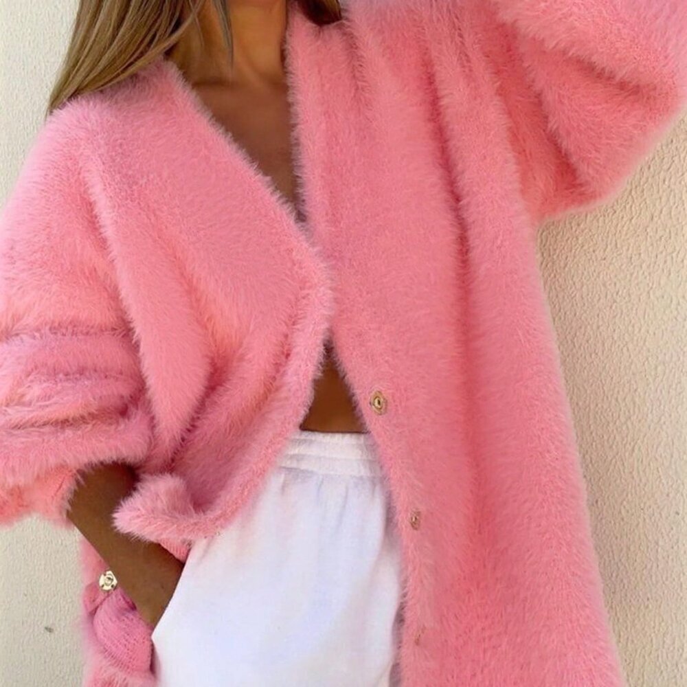 Pink Women's Casual Slouchy Loose Fuzzy V-Neck Button Down Long Sleeved Cardigan